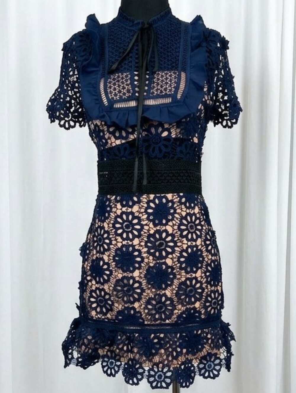 Self-Portrait Navy Floral Lace Mini Dress with Nude Underlay